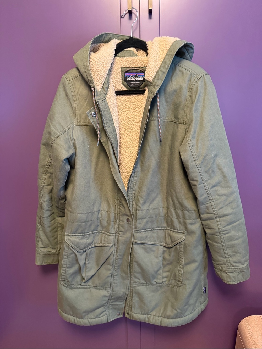 Patagonia Olive Green Hooded Sherpa-Lined Trench Coat